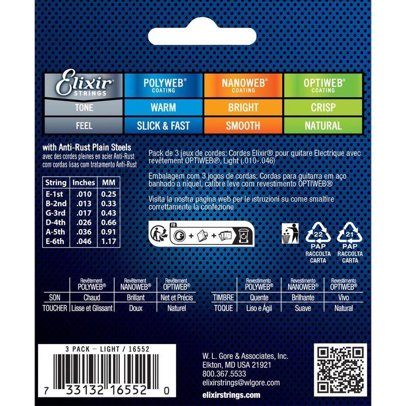 Elixir Strings, Electric Guitar Strings, Nickel Plated Steel with OPTIWEB Coating, Longest-Lasting Crisp Tone with Comfortable Feel, 6 String Set, 3 Pack, Light 10-46 - Image 2